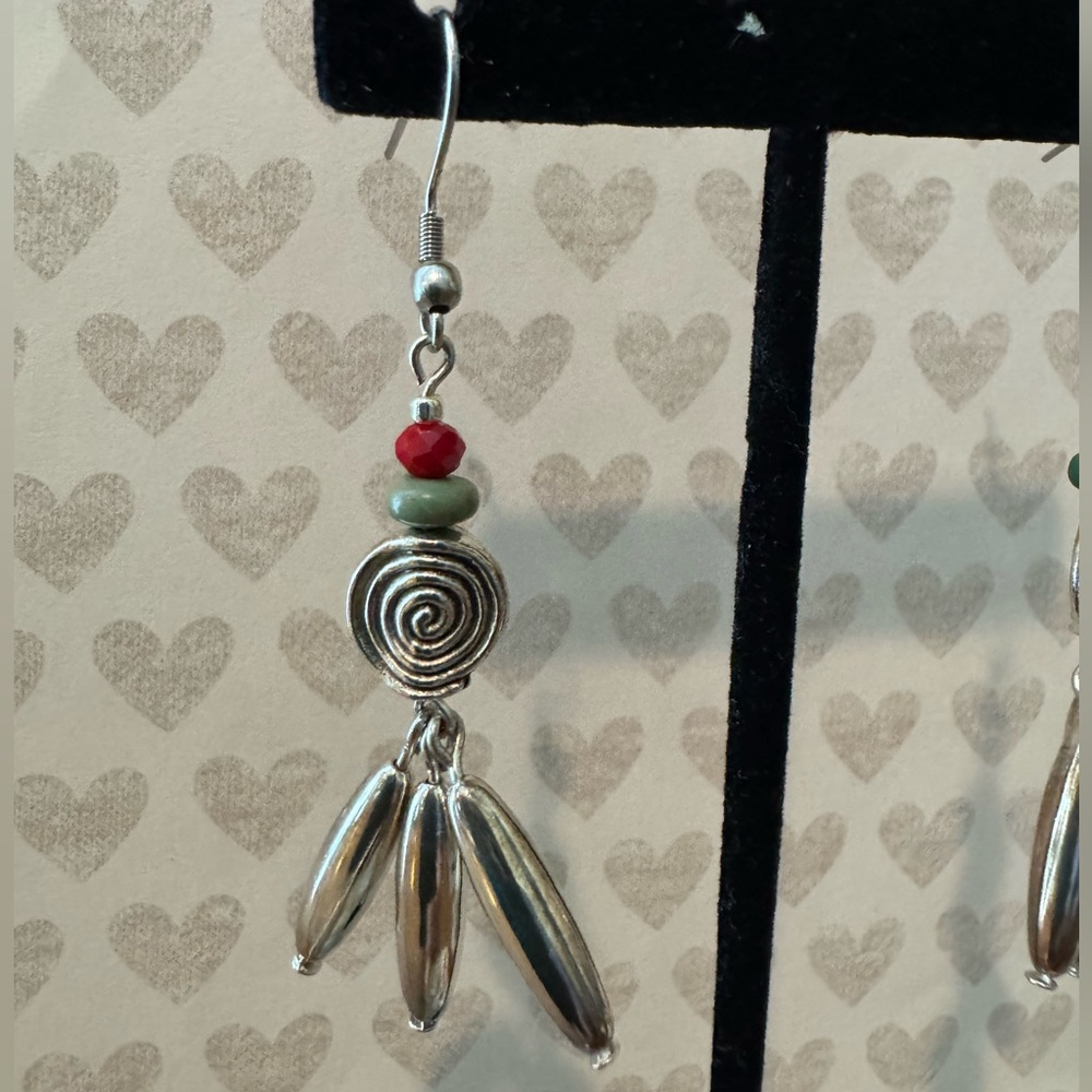 Southwest Style Earrings with Genuine Turquoise & Red Bead Accents - Handmade - Picture 1 of 4